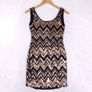 3 Route Sequin Dress Womens Small Chevron Bodycon Mini Rose Gold Party Sparkly